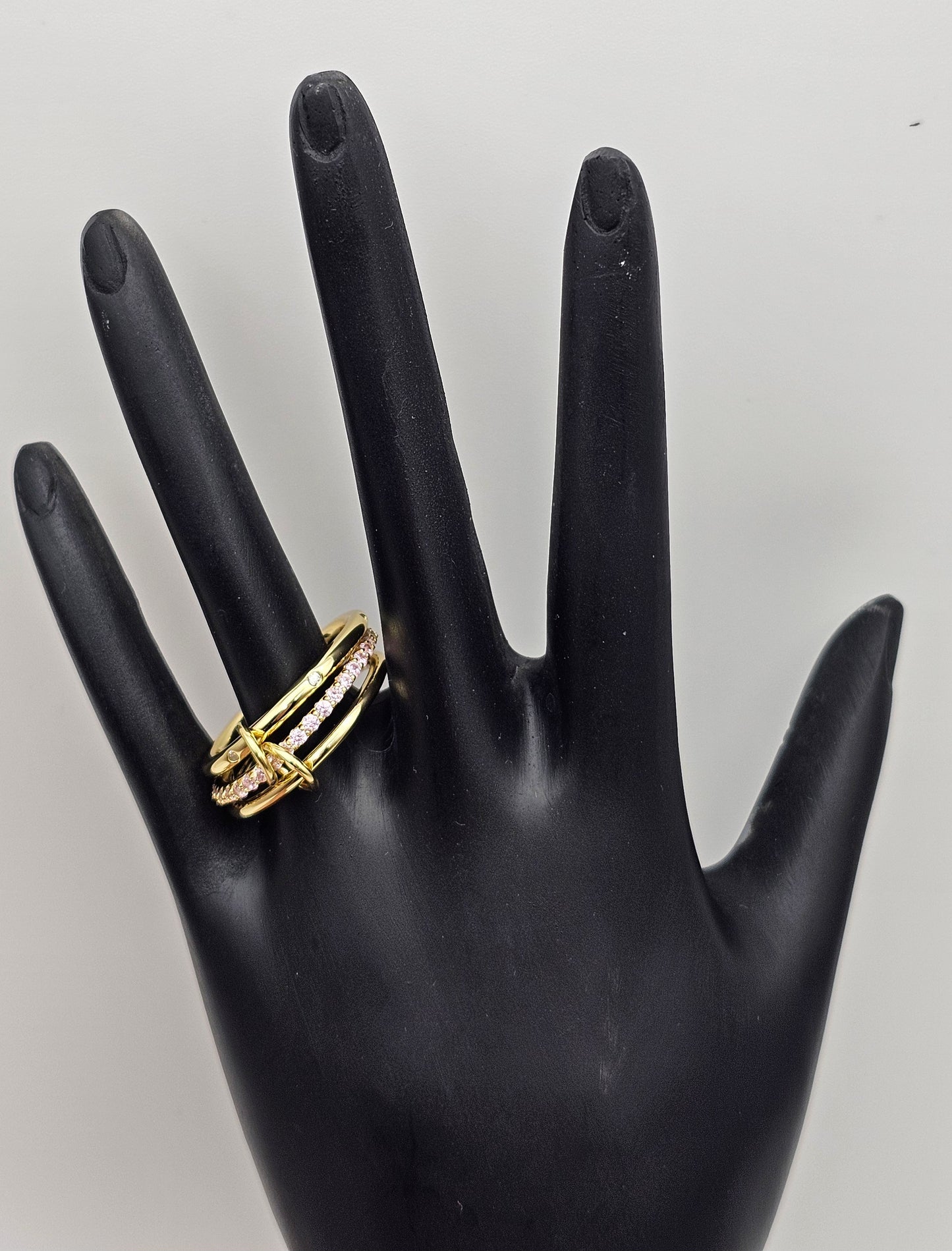 Interlocked Stacked ring with pink stones | US 7 | 925 Silver Gold Plated