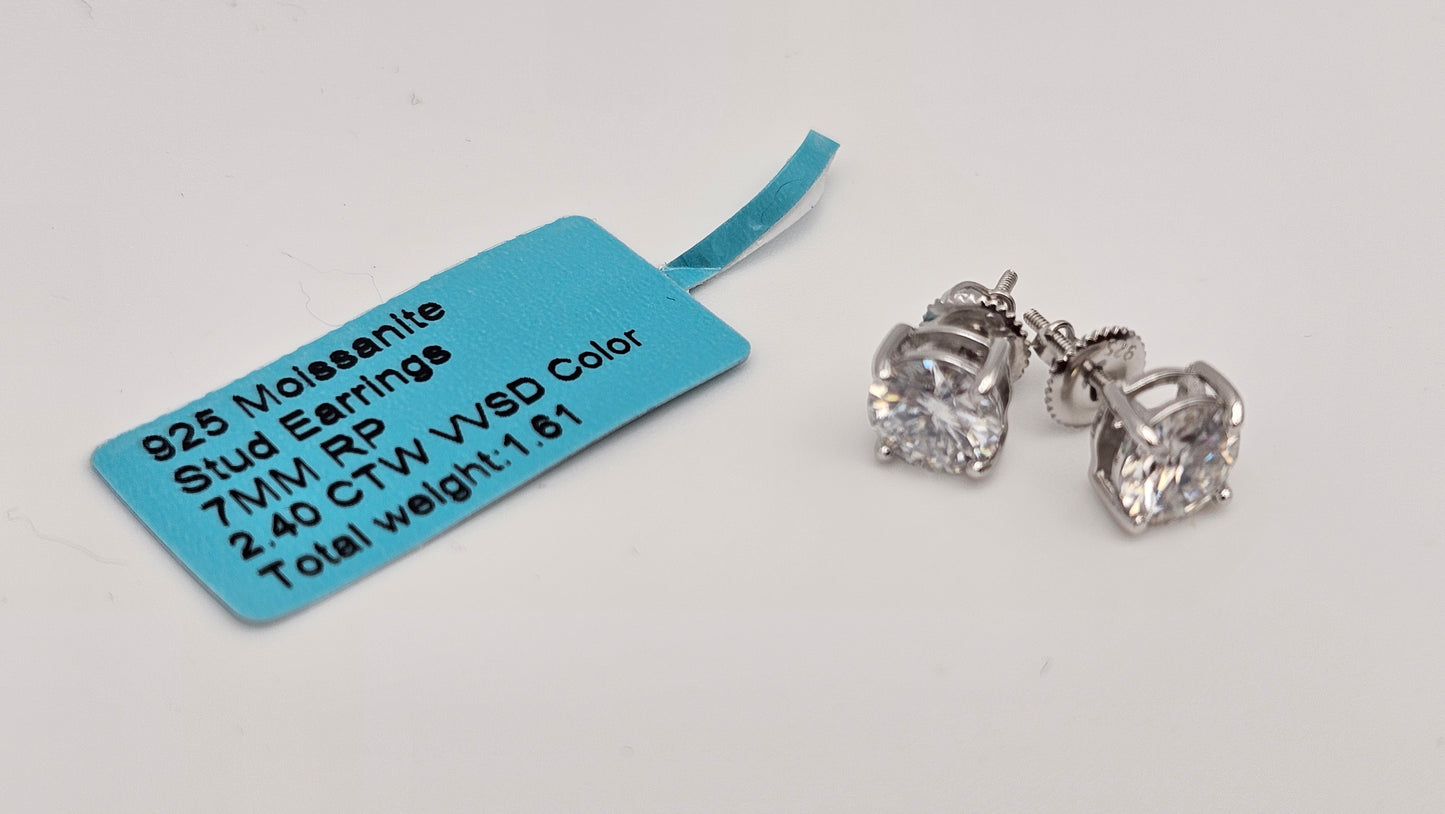 7mm Solitaire Moissanite Diamond Studs | 2.4 ctw | VVSD Color | 1.61g