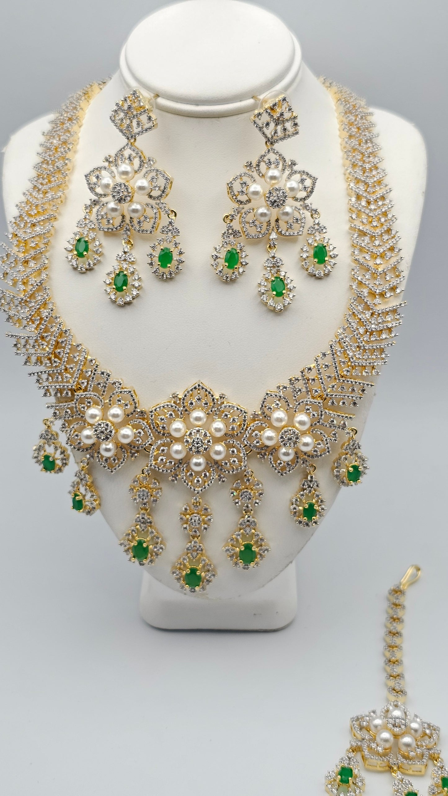 Diamond - Long Necklace with CZ Stones & Pearl, Set with Earrings and Tika - Emerald and Ruby Stones