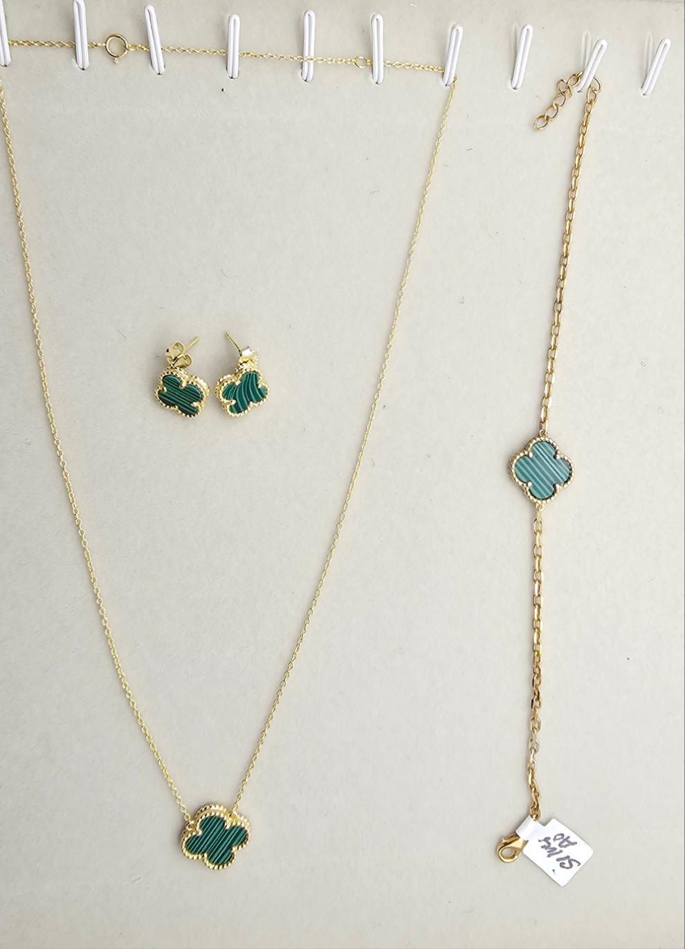 Clover Sets - necklace, earrings, bracelet, green and white motif, 925 Silver, 18kt gold plated