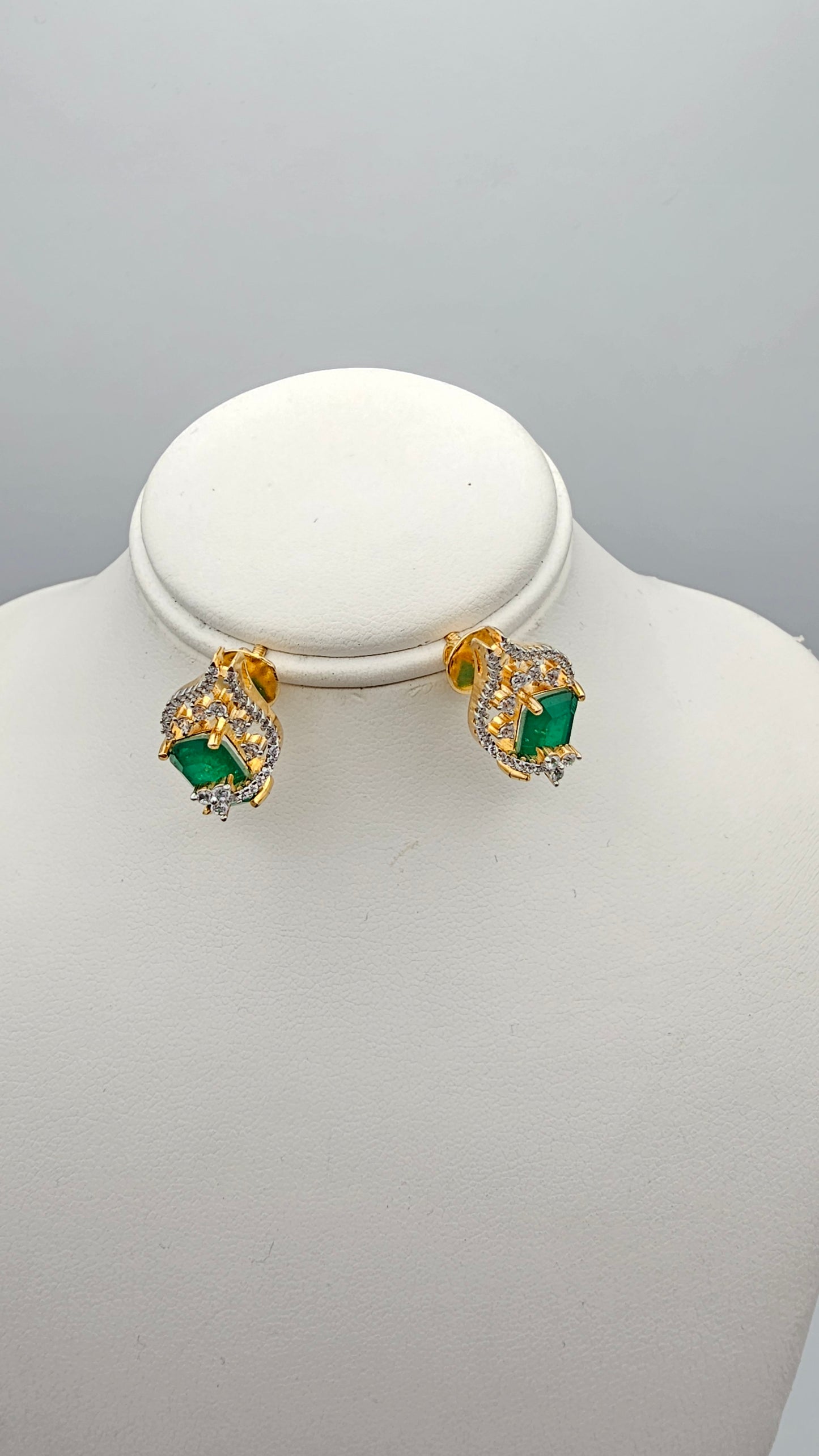 Emerald Earrings with Halo CZs , 925 Silver