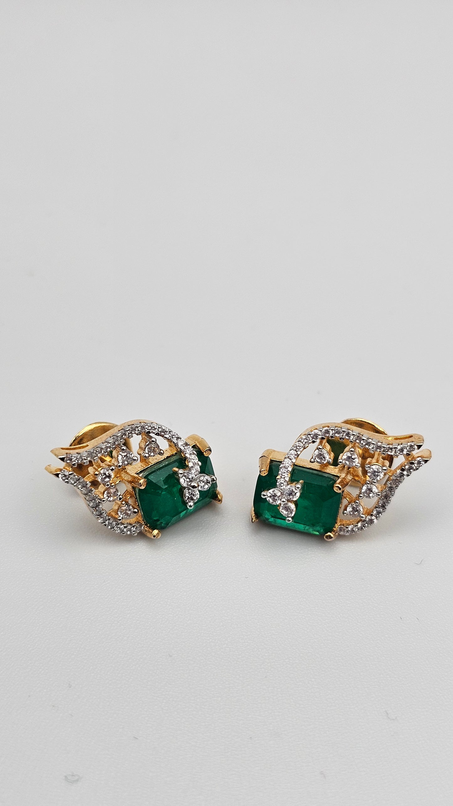 Leaf cut Emerald Green Earrings with CZs in 925 Silver