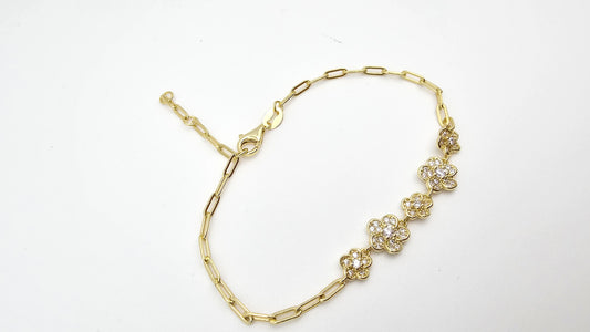Floral bracelet with CZs, 925 Silver, 6.5+ 0.5 + 0.5 inch
