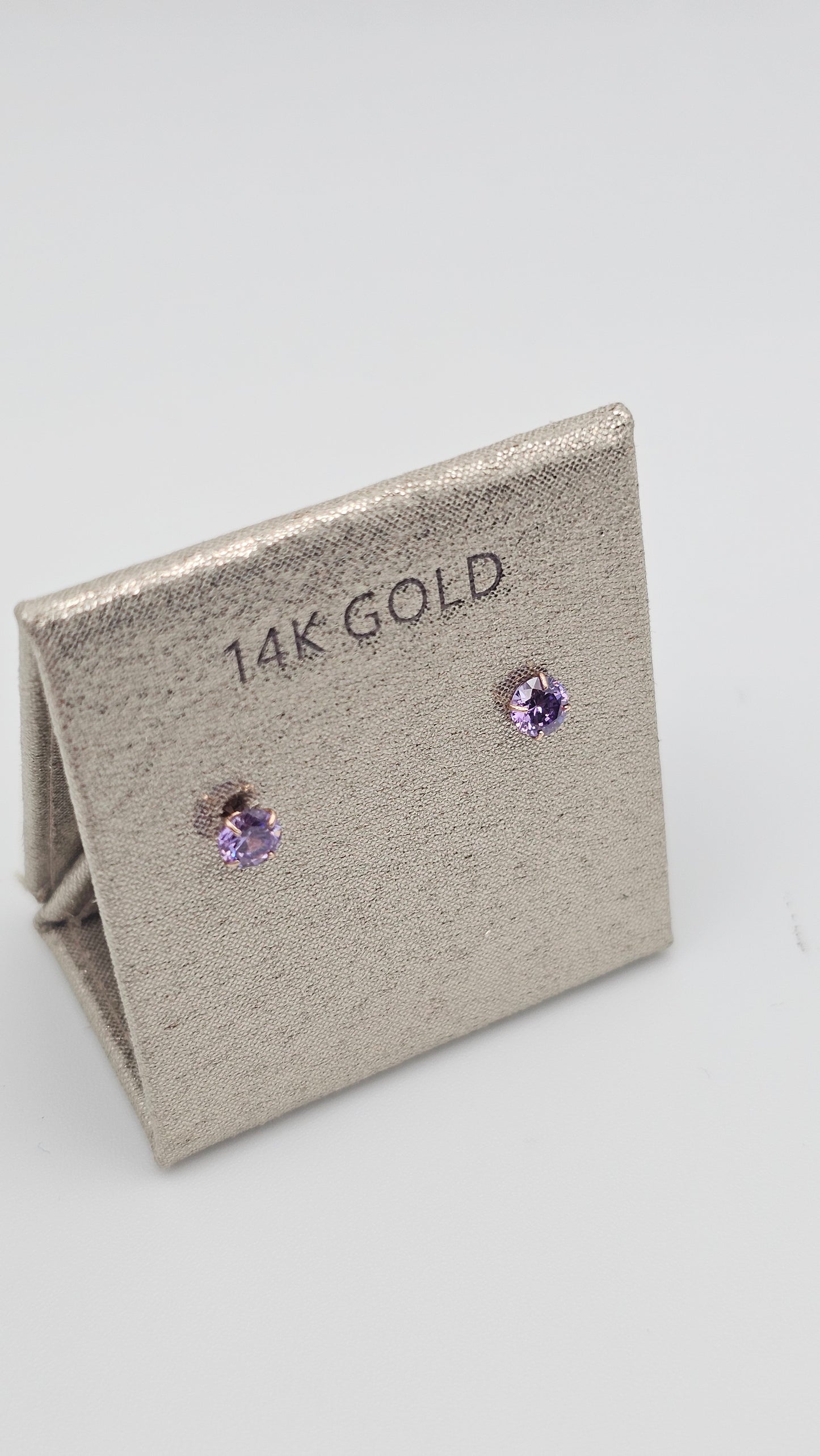14k Gold Pink/Purple Solitaire Studs, 14kt pure gold hallmarked, 5 mm, kids and adults