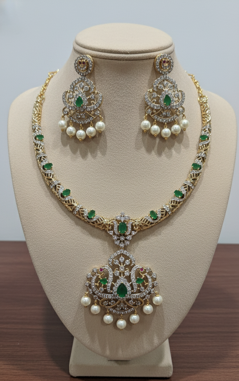 Pearl Drop Hasli Necklace and Earrings set in Ruby Pink and Emerald Green