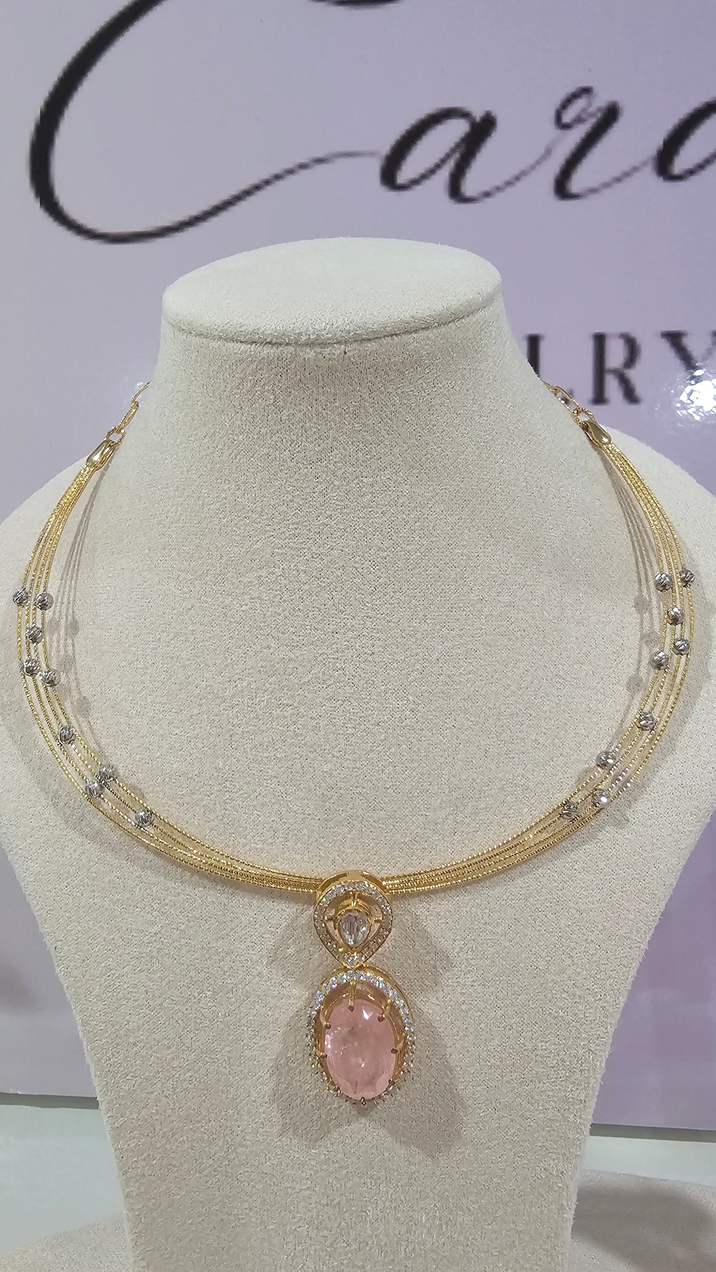 4 layer Hasli Necklace with Moissanite Polki Pendant & Earrings Set in 925 Silver , Peach color