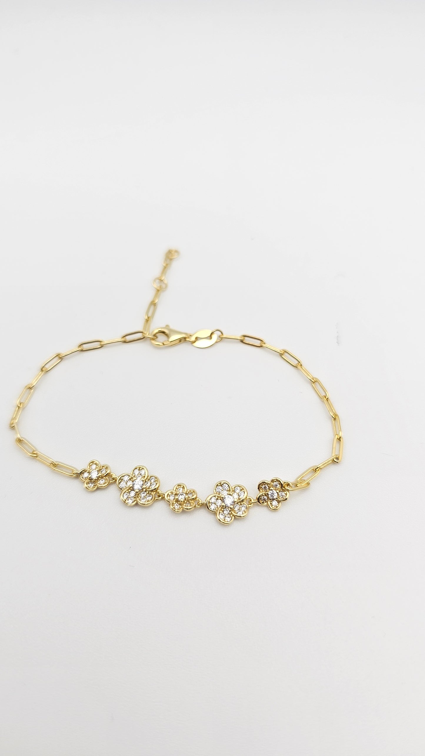 Floral bracelet with CZs, 925 Silver, 6.5+ 0.5 + 0.5 inch