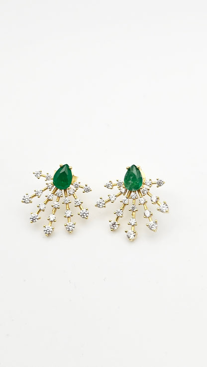 Emerald Green Fanburst Earrings | 925 Silver, Gold-Plated