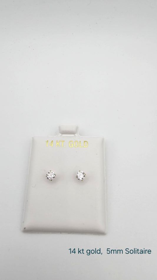 14kt Gold 5mm Crystal Stud Solitaire Earrings