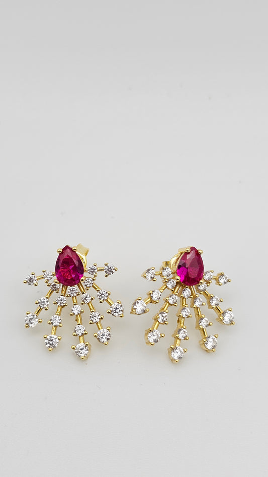 Radiant Ruby Fanburst Earrings | 925 Silver Gold Plated