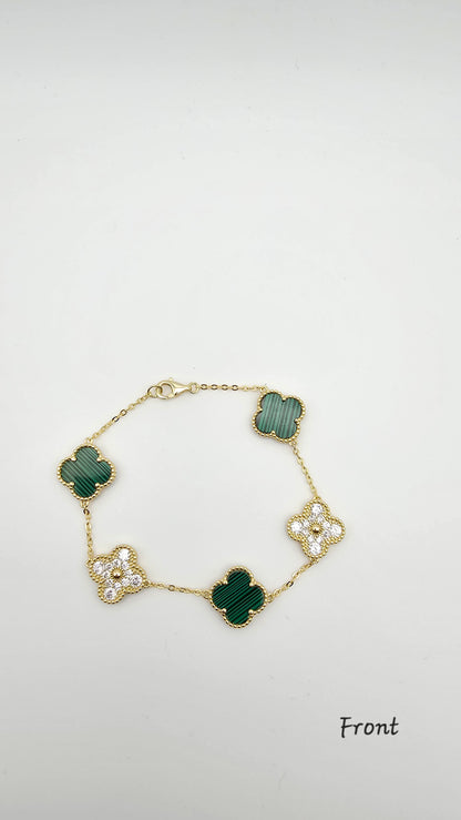 Clover bracelets with stone accents- white, green, gold , 925 Silver, 18kt gold plated