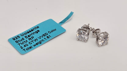 7mm Solitaire Moissanite Diamond Studs | 2.4 ctw | VVSD Color | 1.61g