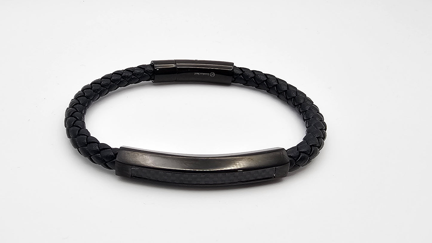 Men's Black Leather Bracelet with Double Black clasp