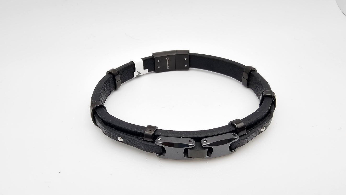 Men's Black Leather Bracelet with Double Black clasp