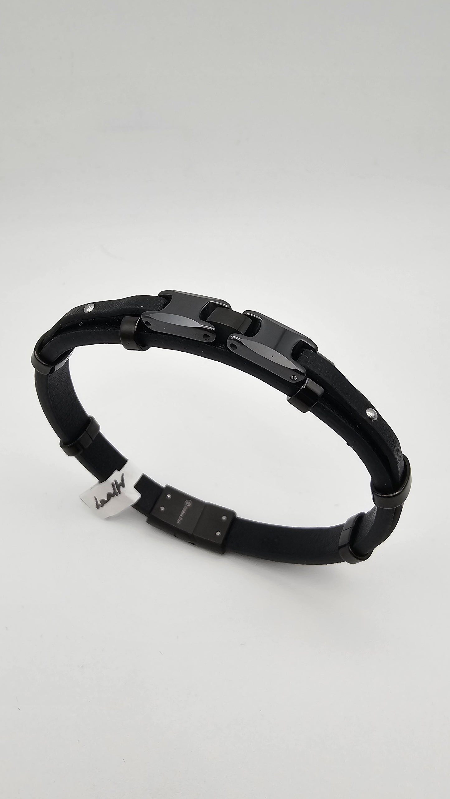 Men's Black Leather Bracelet with Double Black clasp