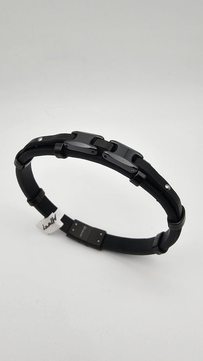 Men's Black Leather Bracelet with Double Black clasp