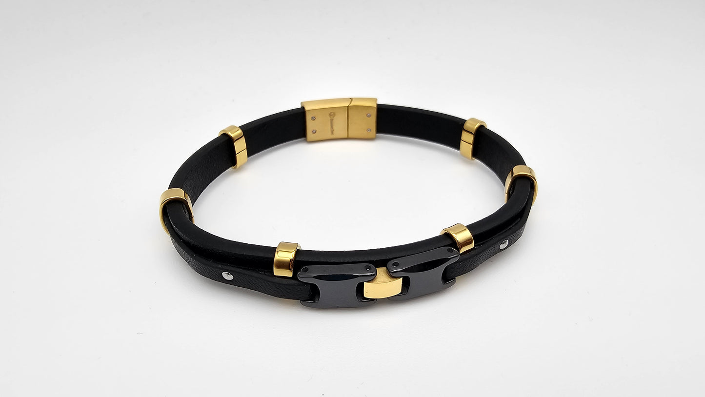 Men's Leather Bracelet with Black and Gold plated bars