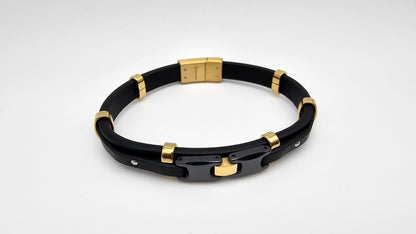 Men's Leather Bracelet with Black and Gold plated bars
