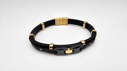 Men's Leather Bracelet with Black and Gold plated bars