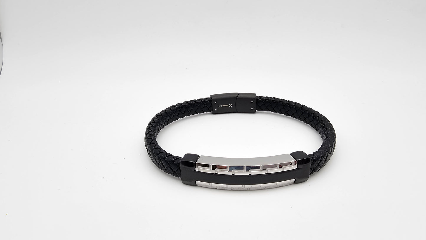 Men's Leather Bracelet with Dual tone Stainless steel Bar