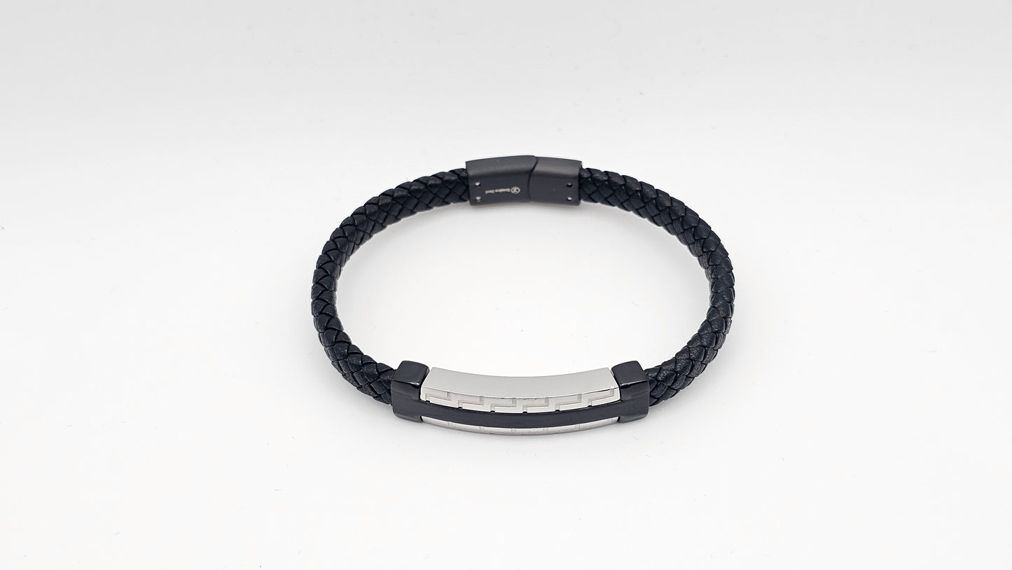 Men's Leather Bracelet with Dual tone Stainless steel Bar