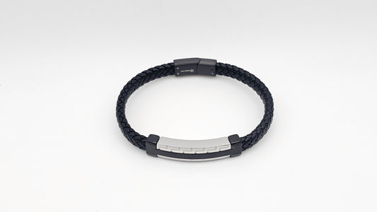 Men's Leather Bracelet with Dual tone Stainless steel Bar