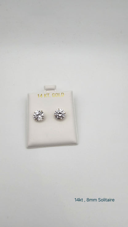 14kt Gold 8mm Solitaire Crystal Stud Earrings with screw backs