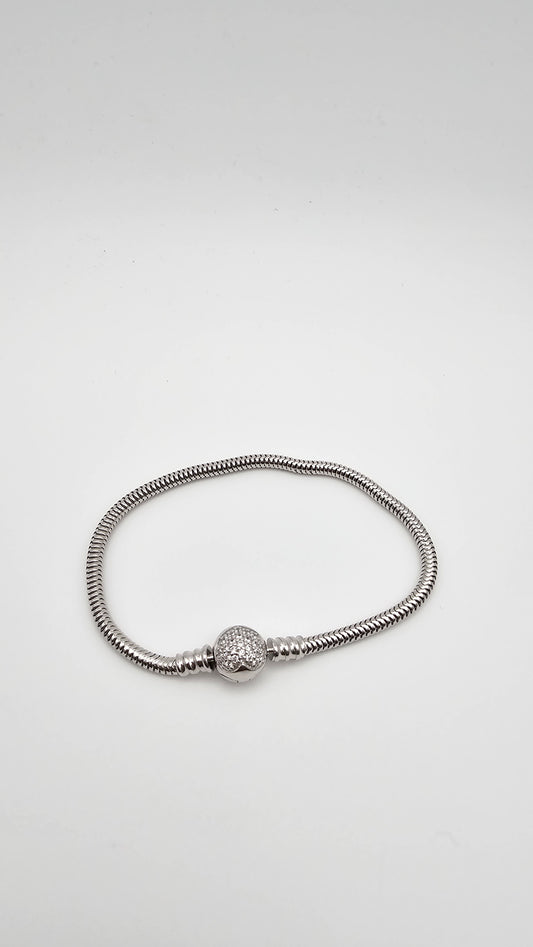 Pandora-Style Pure 925 Silver Chain Bracelet with Pave Clasp and Stone Accents | 11.1 g