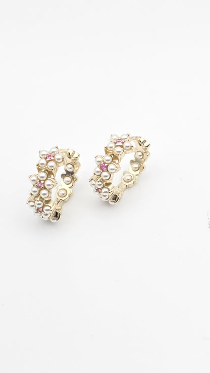 Floral hoops with pearls and pink stones, 925 Silver