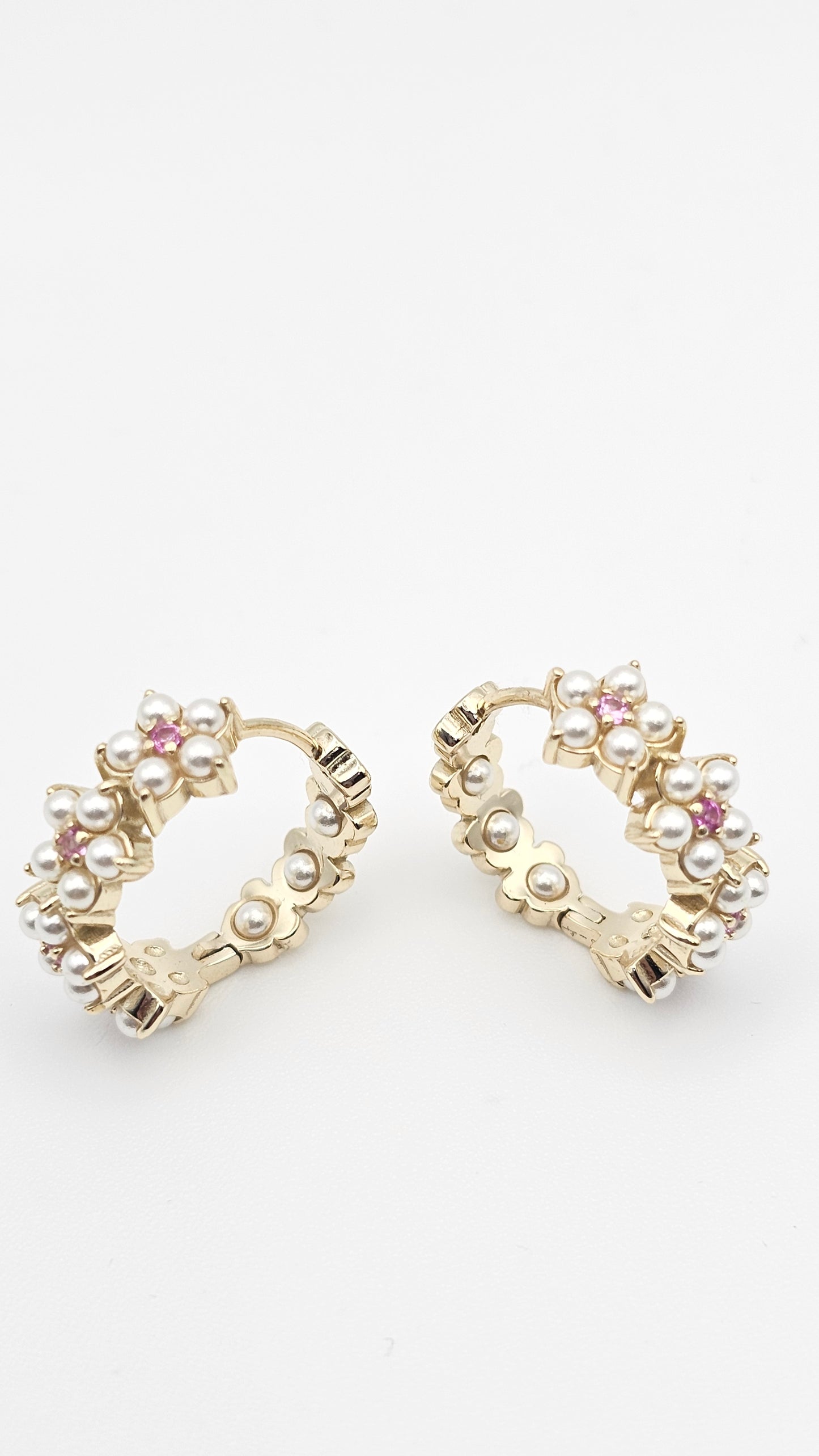 Floral hoops with pearls and pink stones, 925 Silver