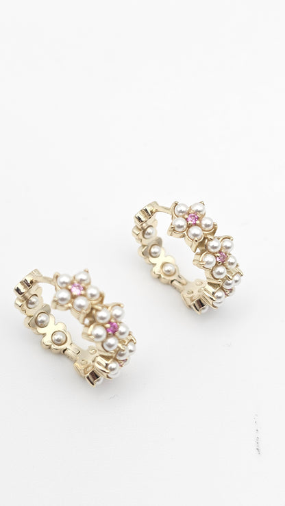 Floral hoops with pearls and pink stones, 925 Silver