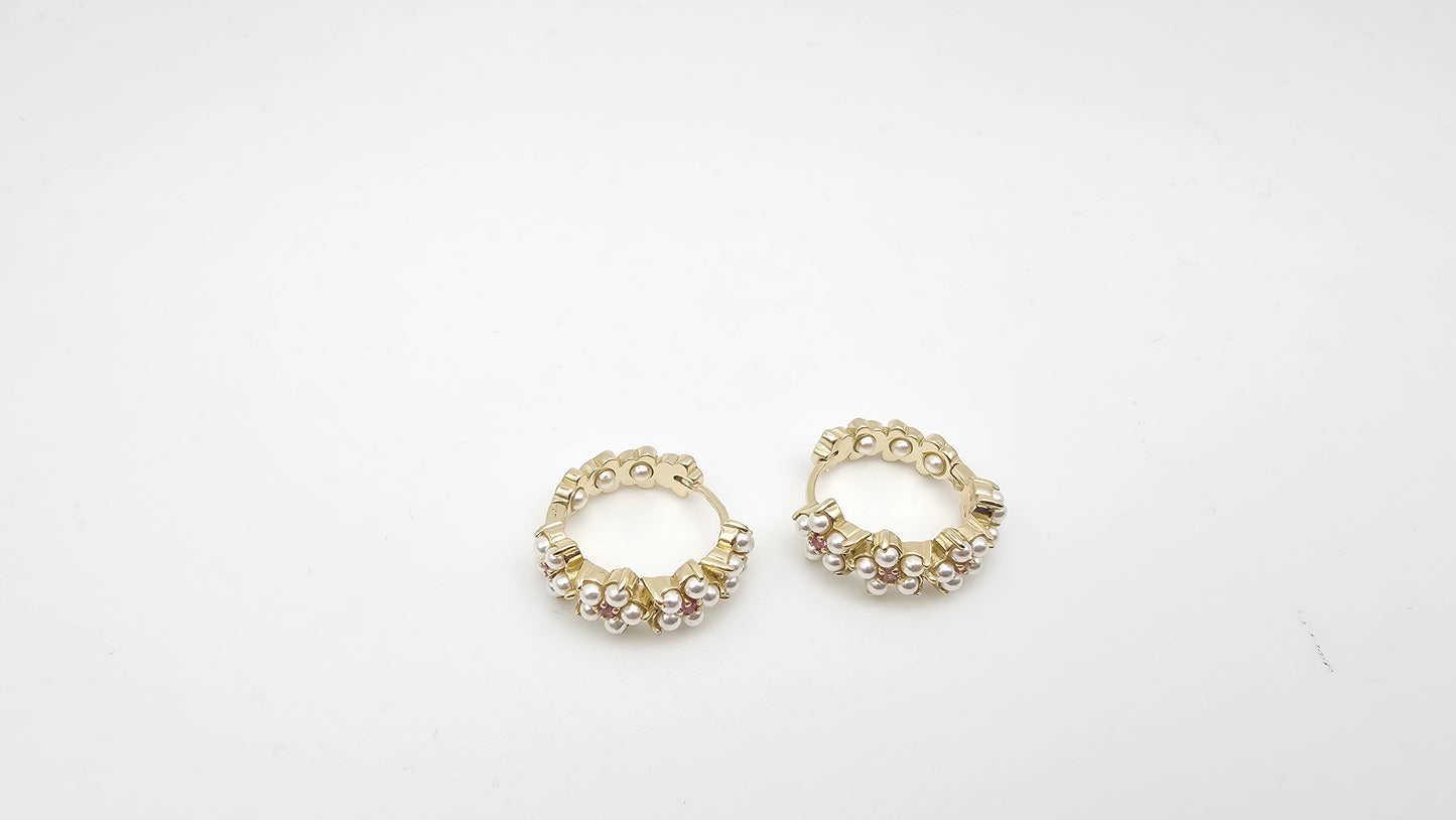 Floral hoops with pearls and pink stones, 925 Silver
