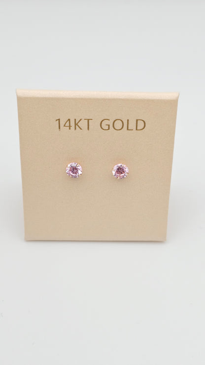 14k Gold Pink/Purple Solitaire Studs, 14kt pure gold hallmarked,  5 mm, kids and adults
