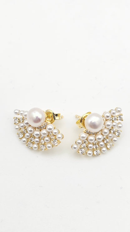 Fanburst Freshwater Pearl Earrings, 925 Silver, gold plated