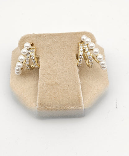 3-Row Pearl Huggie Earrings, dainty, 925 silver