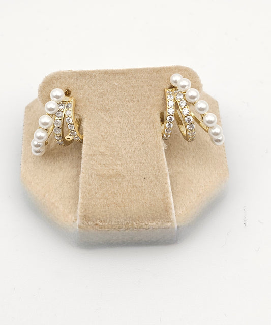 3-Row Pearl Huggie Earrings, dainty, 925 silver