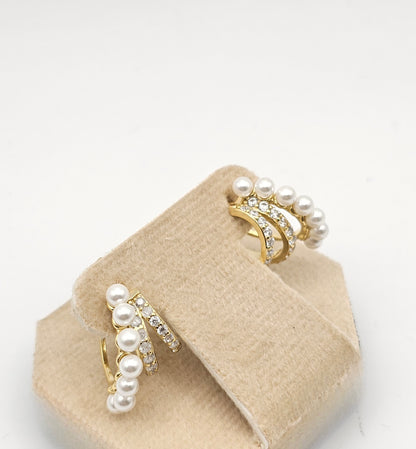 3-Row Pearl Huggie Earrings, dainty, 925 silver