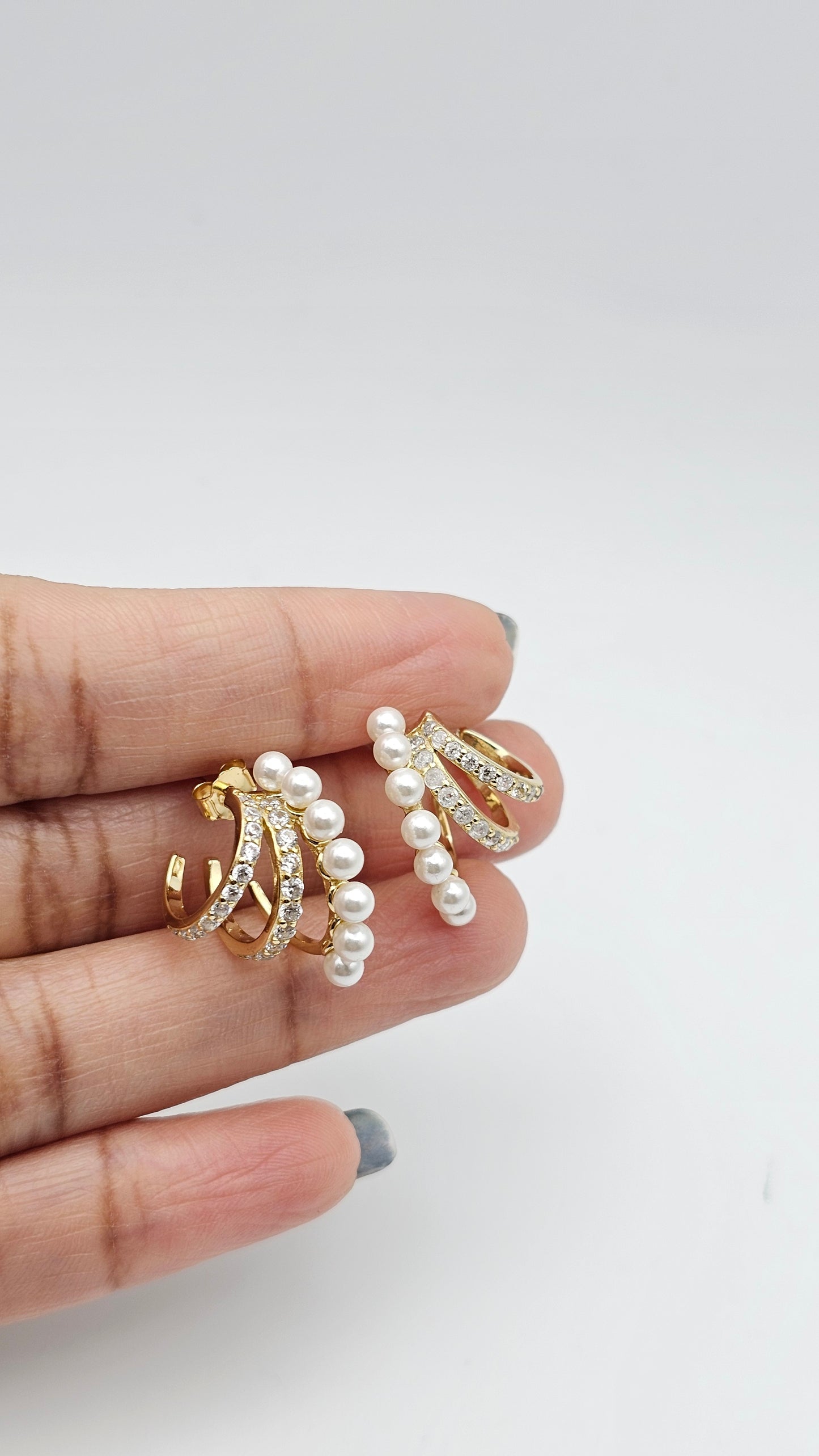 3-Row Pearl Huggie Earrings, dainty, 925 silver