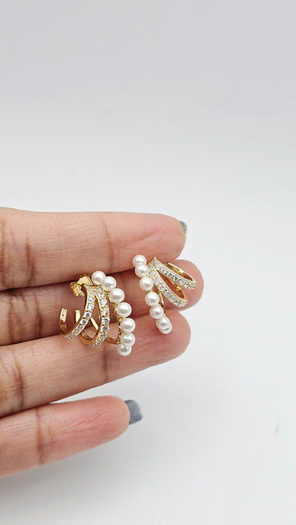 3-Row Pearl Huggie Earrings, dainty, 925 silver