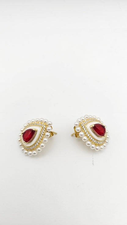 Pear cut Ruby Stone Pearl Earrings post, 925 silver