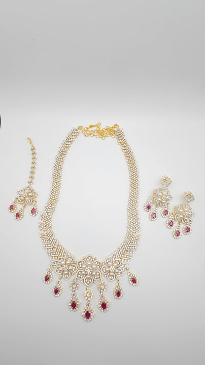 Diamond - Long Necklace with CZ Stones & Pearl, Set with Earrings and Tika - Emerald and Ruby Stones