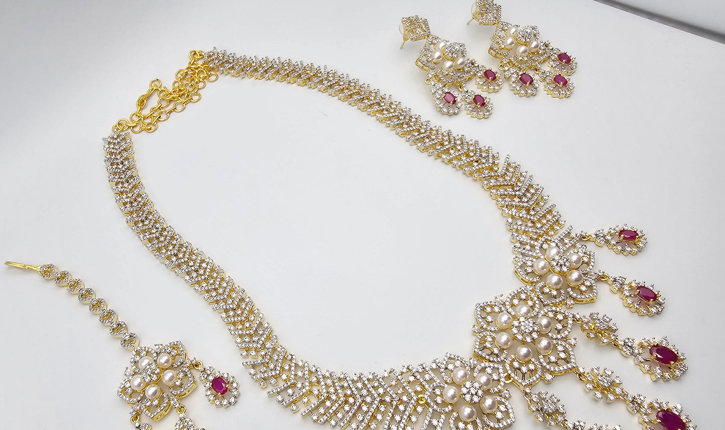 Diamond - Long Necklace with CZ Stones & Pearl, Set with Earrings and Tika - Emerald and Ruby Stones