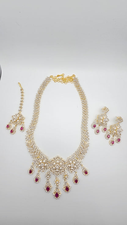 Diamond - Long Necklace with CZ Stones & Pearl, Set with Earrings and Tika - Emerald and Ruby Stones