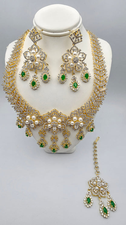 Diamond - Long Necklace with CZ Stones & Pearl, Set with Earrings and Tika - Emerald and Ruby Stones