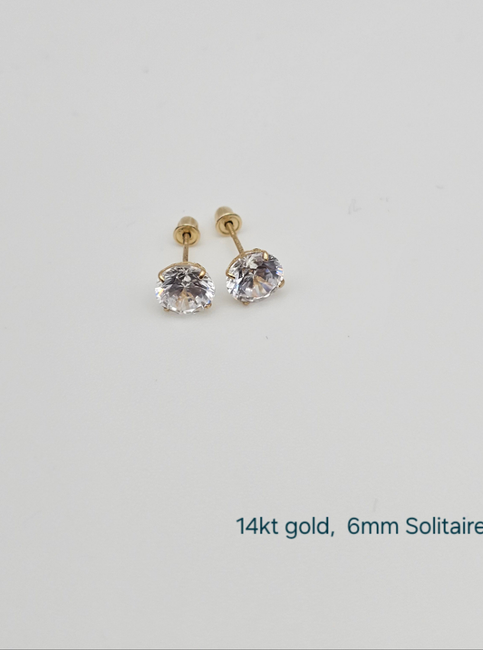 14kt Gold 6mm Crystal Stud Solitaire Earrings