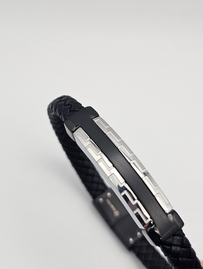 Men's Leather Bracelet with Dual tone Stainless steel Bar