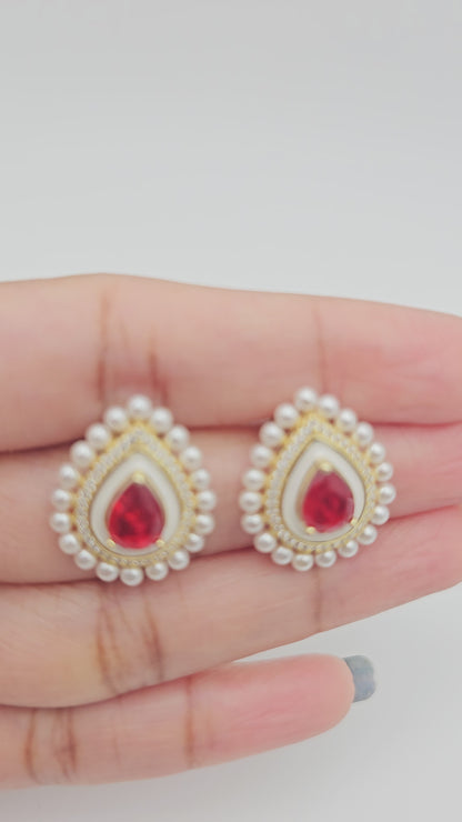 Pear cut Ruby Stone Pearl Earrings post, 925 silver
