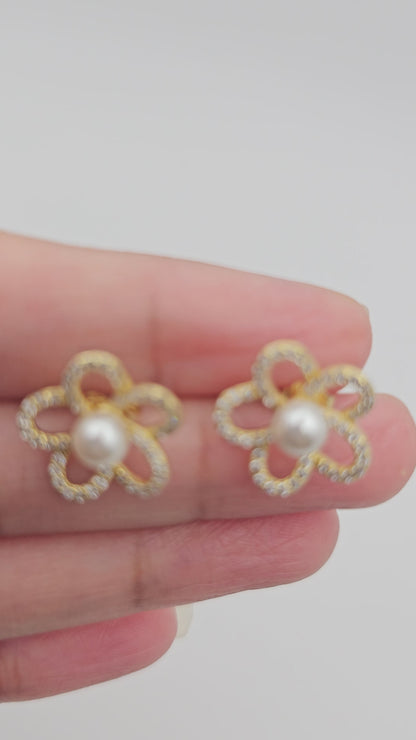 Petal Pearl Flower Stud Earrings – 925 Silver, Gold-Plated