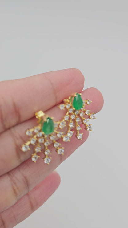 Emerald Green Fanburst Earrings | 925 Silver, Gold-Plated