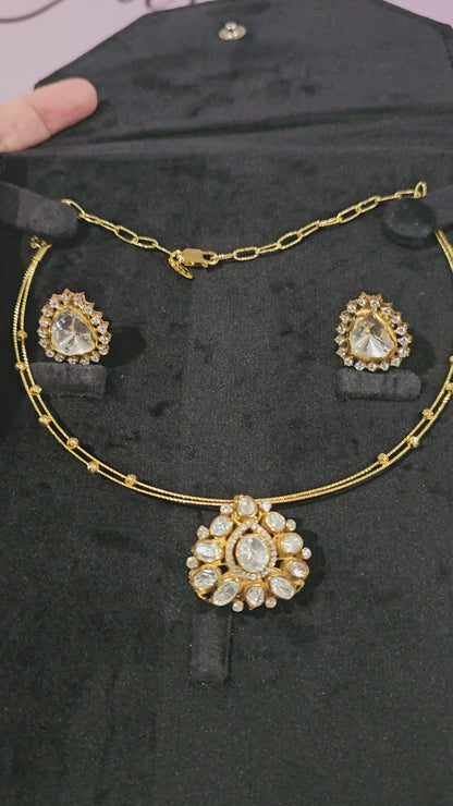 2 layer Hasli Necklace with Moissanite Pendant & Earrings in 925 Silver
